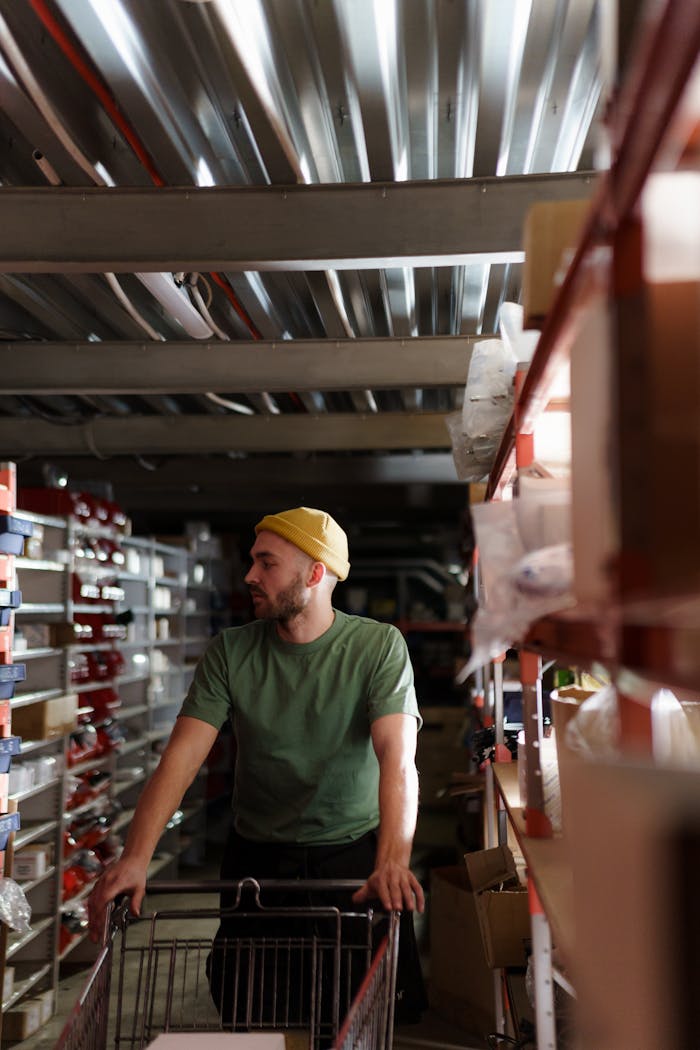 About A focused warehouse worker organizing shelves in a storeroom, showcasing work efficiency.